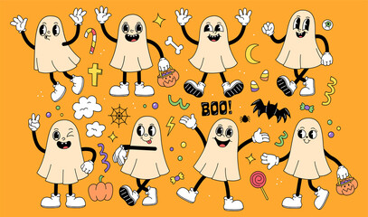 Set with ghosts in a cartoon retro groove style in different poses. halloween character illustration in retro style.