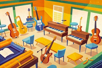 A colorful symphony of instruments in a sunny music room
