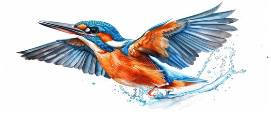 Obraz premium A bright watercolor illustration of a kingfisher, capturing its vivid blue and orange feathers as it dives into a stream, isolate on white background with copy space