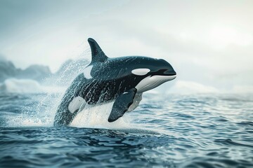 Fototapeta premium Killer whale jumping from blue pacific ocean