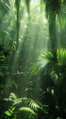 A lush jungle canopy with rays of sunlight filtering through.