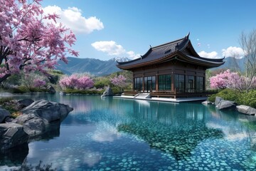 Fototapeta premium A conceptual wellness retreat is set in an enchanted Asian landscape