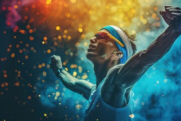 Modern pentathlete celebrating after event, gold medal in hand, copy space, exhilaration theme, realistic, overlay, finish line backdrop