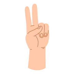 The hand shows V-sign in cartoon flat style. illustration isolated on white background.