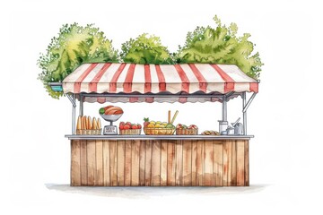Obraz premium A delicate watercolor depiction of a festival food stall, illustrating the array of delicious treats and vibrant atmosphere, isolate on white background with copy space