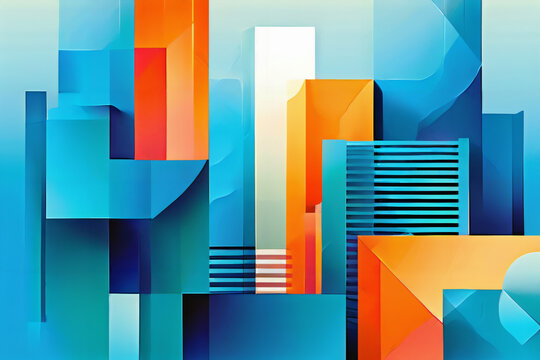 abstrakte geometrische Muster, die sich in Farbverl&auml;ufen von Blau- und Gr&uuml;nt&ouml;nen verflechten, komplement&auml;re Naturszene . KI Generated
