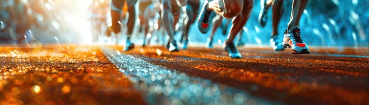Modern pentathletes in combined running and shooting event, high intensity, focus on, competitive theme, whimsical, manipulation, outdoor course backdrop