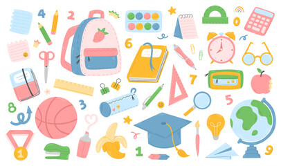 A set of cute cartoon school supplies isolated on a white background. Back to school collection. clipart illustration.