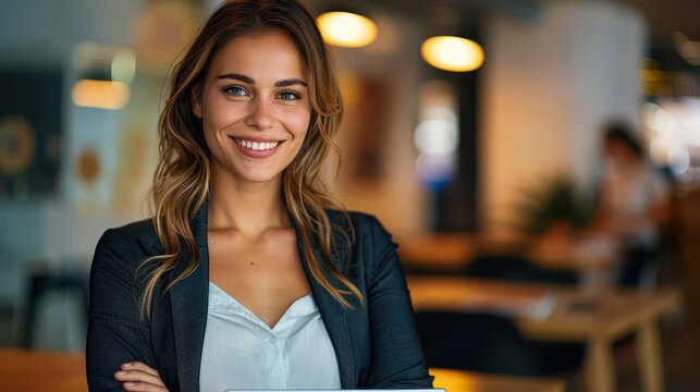 A smiling and confident businesswoman stands in a modern space holding a laptop, symbolizing ambition, success, and technological proficiency in a professional setting.