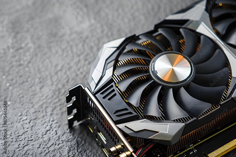 Fototapete computer graphics card on gray textured background, closeup. space for text