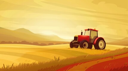 Obraz premium Beautiful sunset with red tractor on field, highlighting agriculture.