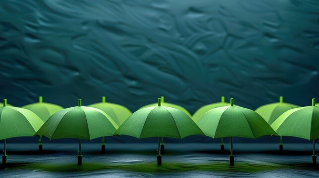 An array of green umbrellas is placed in an orderly fashion on a textured blue surface, evoking a sense of uniformity and protection in an open outdoor setting.