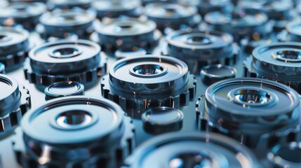 High voltage electric vehicle battery cells, close-up shot, neatly arranged for examination. High voltage electric vehicle batteries