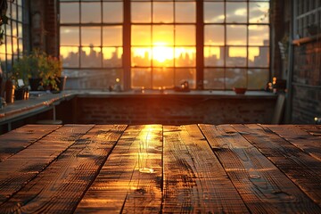 An empty wooden Desk with an office in the background, warm atmosphere