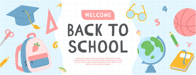 Back to school blue banner template with school items on the background. School concept illustration.