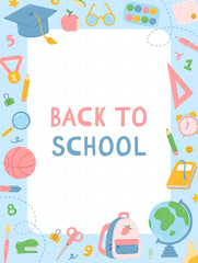 Fototapeta premium Notepad page template design with school supplies in cartoon flat style. Back to School illustration.