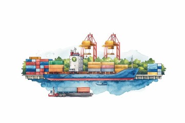 A lively watercolor rendering of export activities, showing goods being prepared and loaded for international markets, isolate on white background with copy space
