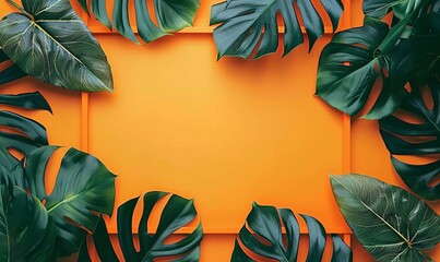 Orange, Trendy Background with Triangle Botanical Frame. Monstera Plant Border with copy-space