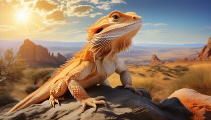 A bearded dragon sitting on a rock in the desert. A bearded dragon has yellowish, tan skin.