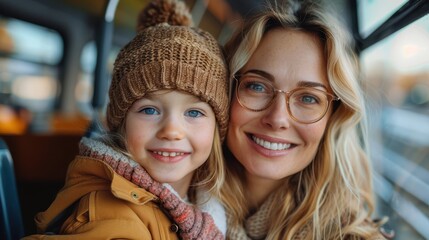 Obraz premium A mother and her young daughter, both dressed warmly for autumn, smile happily while on a cozy train ride, capturing a moment of warmth, love, and connection.