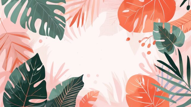 Vibrant tropical leaves in green and orange on a light background