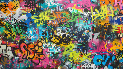 A colorful graffiti wall with a variety of shapes and letters