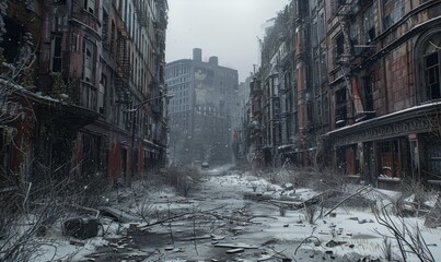 Planet Earth after humans are gone, abandoned city, buildings falling apart, overgrown vegetation,...