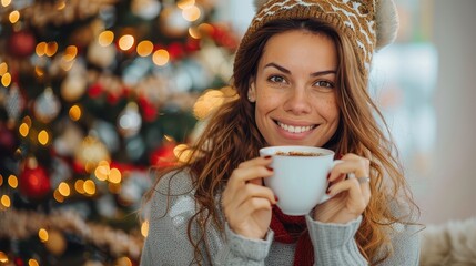 A cheerful woman is smiling at the camera while holding a coffee cup, with a beautifully decorated Christmas tree in the background, creating a warm, festive atmosphere.