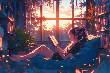 Relaxed Girl lounging on a bean bag by the window, enjoying the sunset with a book in hand. Anime style, Cozy vibes