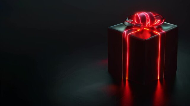 Animation BLACK FRIDAY gift background on black , rel ribbon, glowing present box, retail promotions, discount events and social media marketing Big sale offer, copyspace for text