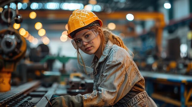 A young female worker operates a grinding machine on metal in a factory. She wears protective gear like goggles and a helmet, focusing on her challenging task.