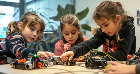 Group of children engaged in interactive robotics activity with excitement and curiosity