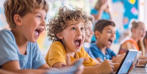 Group of excited children enjoying classroom activities with digital tablets