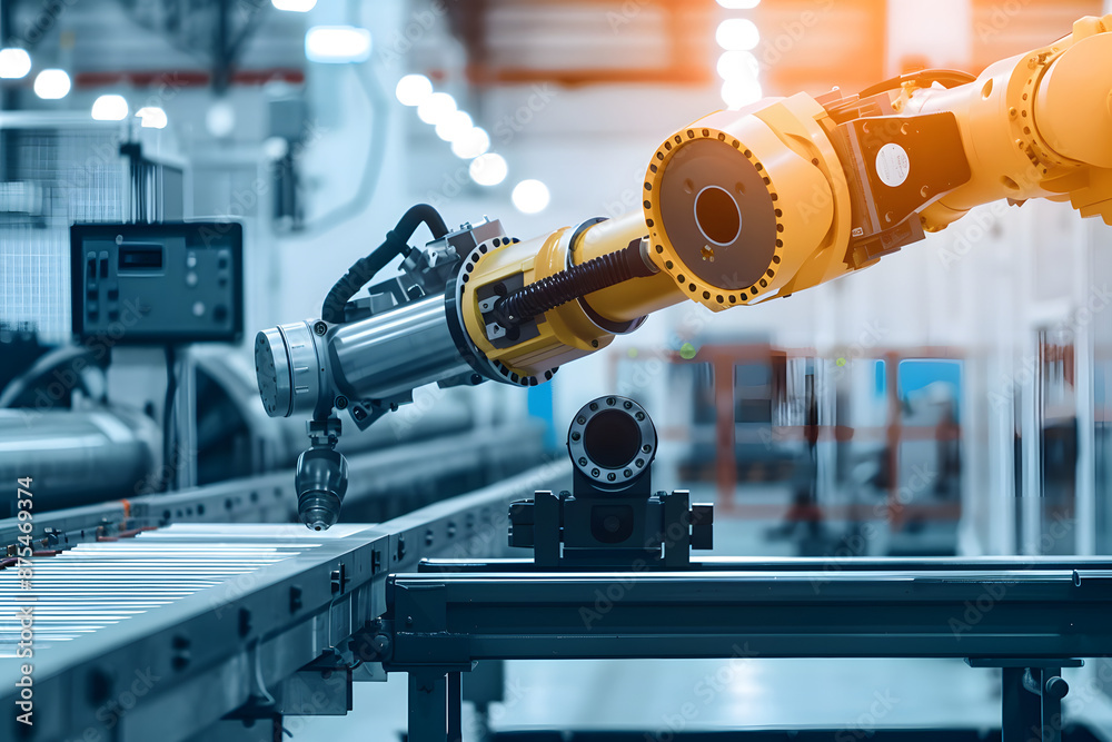 Wall mural cnc ai robot arm with gripper in factory, robotics hand moving pipes along conveyor belt