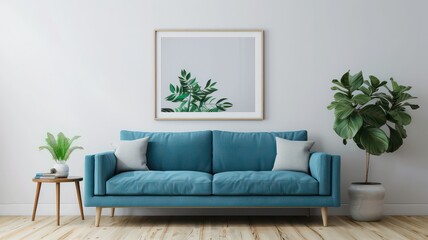 Blue sofa with nature-inspired artwork, modern eco-friendly decor, eco-friendly modern living, concept of nature and modernism