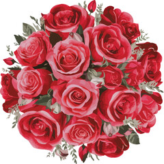 Obraz premium Beautiful bouquet with red roses and leaves, Water Color, Vector, Illustration