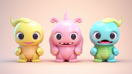 Obraz premium Three cute and colorful little monsters are standing side by side on a pink background.