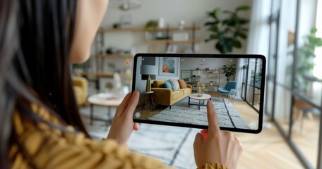 Person using an iPad with AR to design a modern living room with yellow sofa