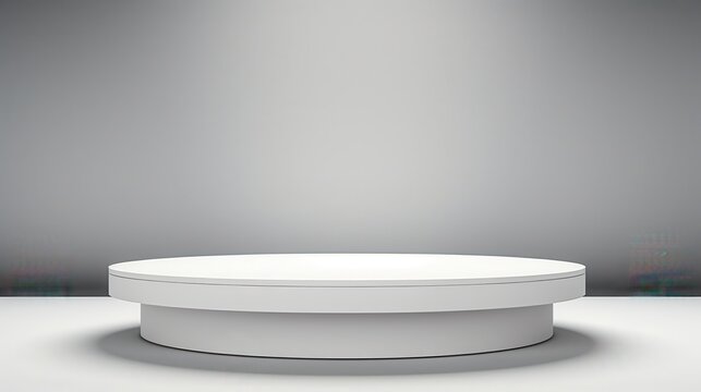 Minimalist round platform podium with a neutral backdrop, emphasizing simplicity and clean lines for product exhibitions
