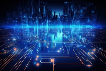 Neon circuit board background with glowing traces, ideal for technology and AI-themed web designs