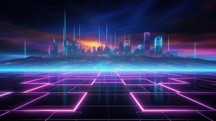 Fototapeta premium Neon grid landscape in a virtual environment, ideal for graphics design tutorials or sci-fi themed digital content