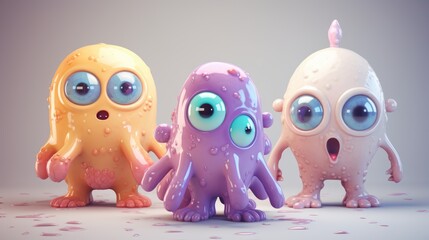 Obraz premium Three cute and colorful cartoon monsters with big eyes, perfect for kids storybooks