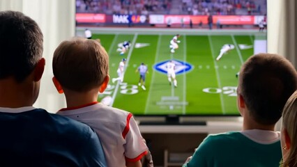 wide shot, Caucasian family watching TV, football match on screen, global sport concept, digital composite, living room, togetherness