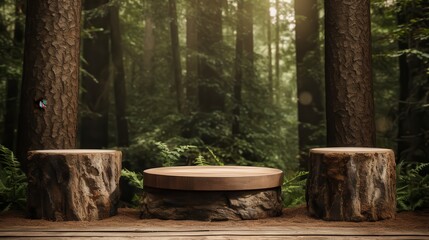 Rustic wood podiums in a forest scene background, ideal for outdoor gear and nature-themed product showcases