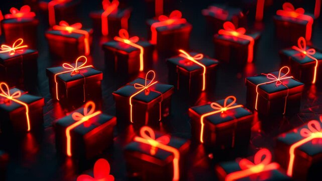 Animation  BLACK FRIDAY gift background on black ,  rel ribbon, glowing present box, retail promotions, discount events and social media marketing Big sale offer