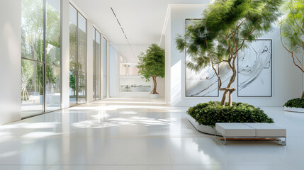 Minimalist museum design blending tropical elements with modern aesthetics.