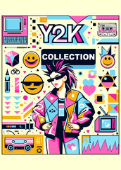 Y2K-style illustration: a girl with a mohawk in a bright jacket, surrounded by retro 2000s elements. Neon colors, smiley faces, old computers, and cassettes create a nostalgic 2000s vibe.