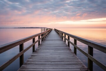 Naklejka premium Vacant fishing pier at sunrise with calm waters and a serene setting, perfect for peaceful themes