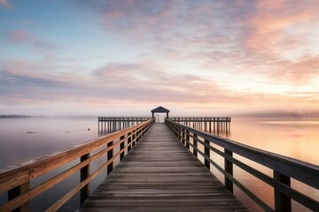 Obraz premium Vacant fishing pier at sunrise with calm waters and a serene setting, perfect for peaceful themes