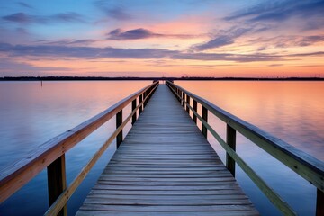 Naklejka premium Vacant fishing pier at sunrise with calm waters and a serene setting, perfect for peaceful themes